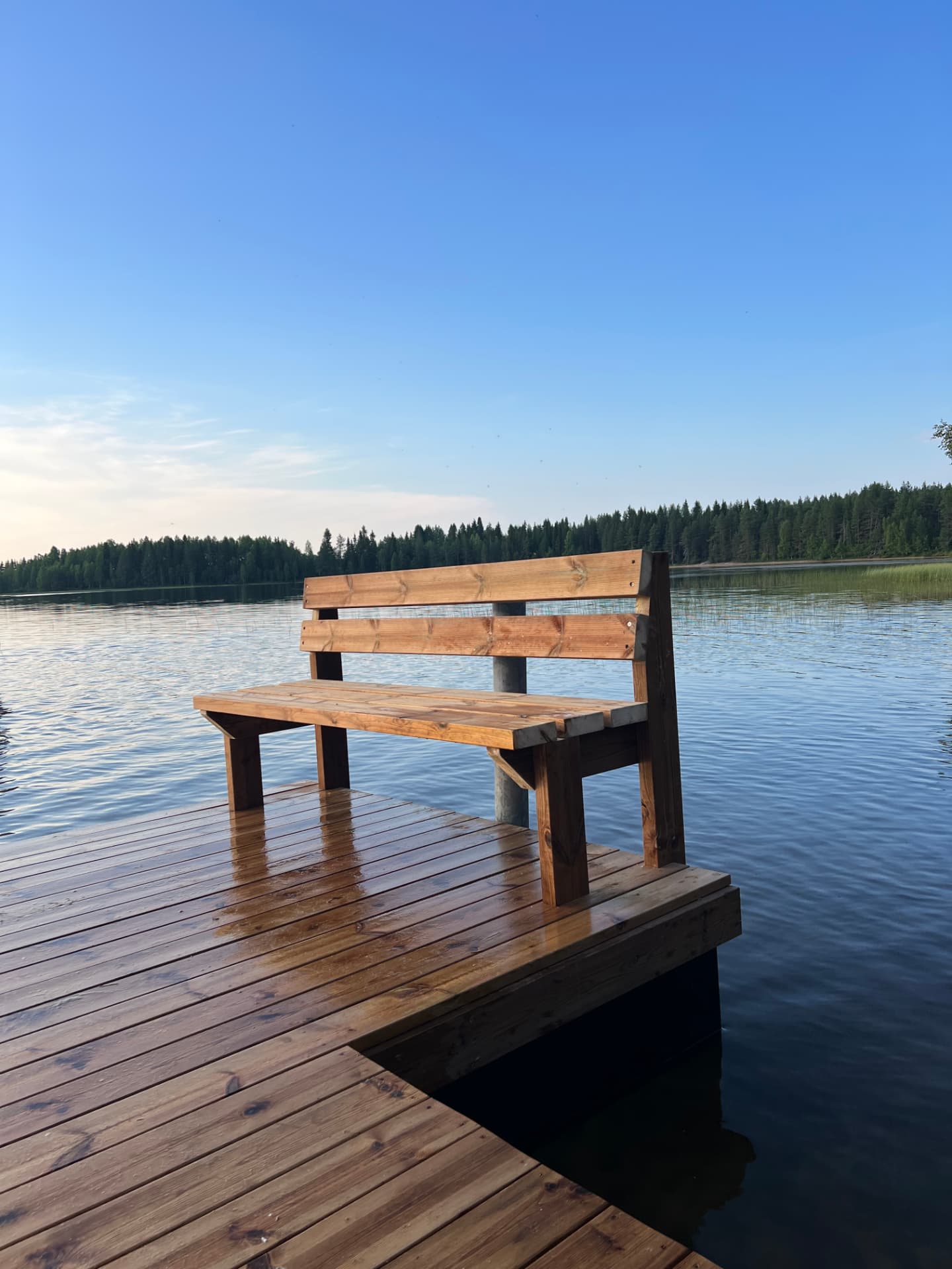 Puinen laituri ja penkki järven rannassa